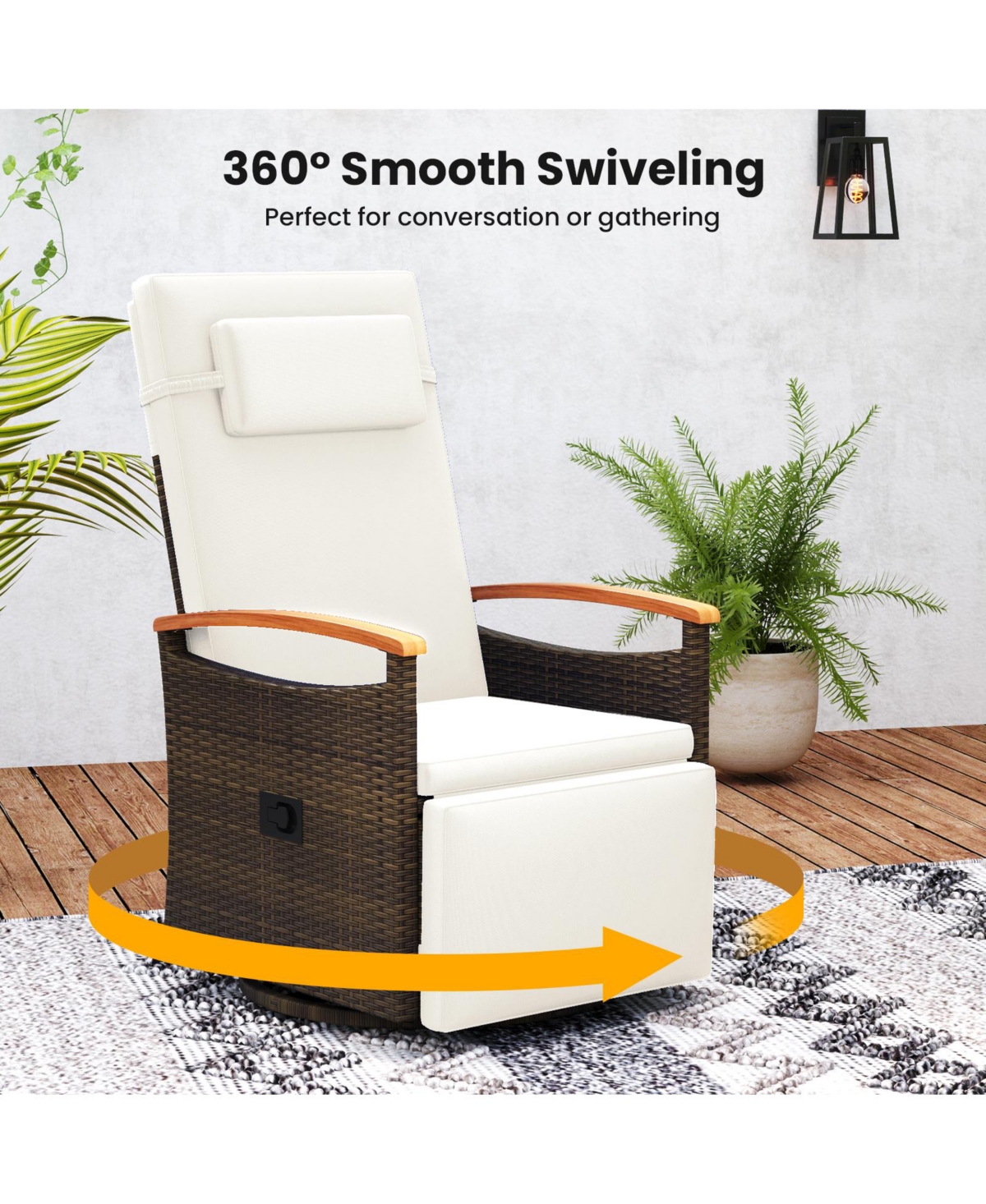 Slickblue Outdoor Rattan Swivel Recliner Chair with 360degree(s) Rotation, Adjustable Back and Footrest