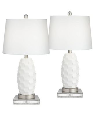 Modern Coastal Table Lamps 25.25 Inches High Set of 2 LED with Square Risers USB Port Dimmer Ceramic Drum Shade for Living Room