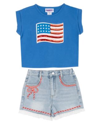 Girls' 2T-6X Knitted Short-Sleeve T-Shirt and Denim Shorts, 2-Piece Set
