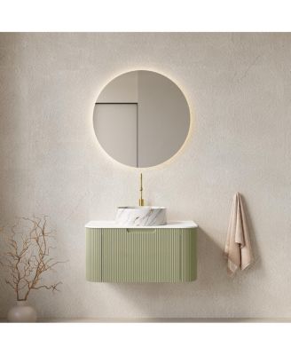 Wall Mounted Bathroom Vanity, Artificial Marble Top with Round Ceramic Basin, 3D Striped Plywood Cabinet, Pre-assembled