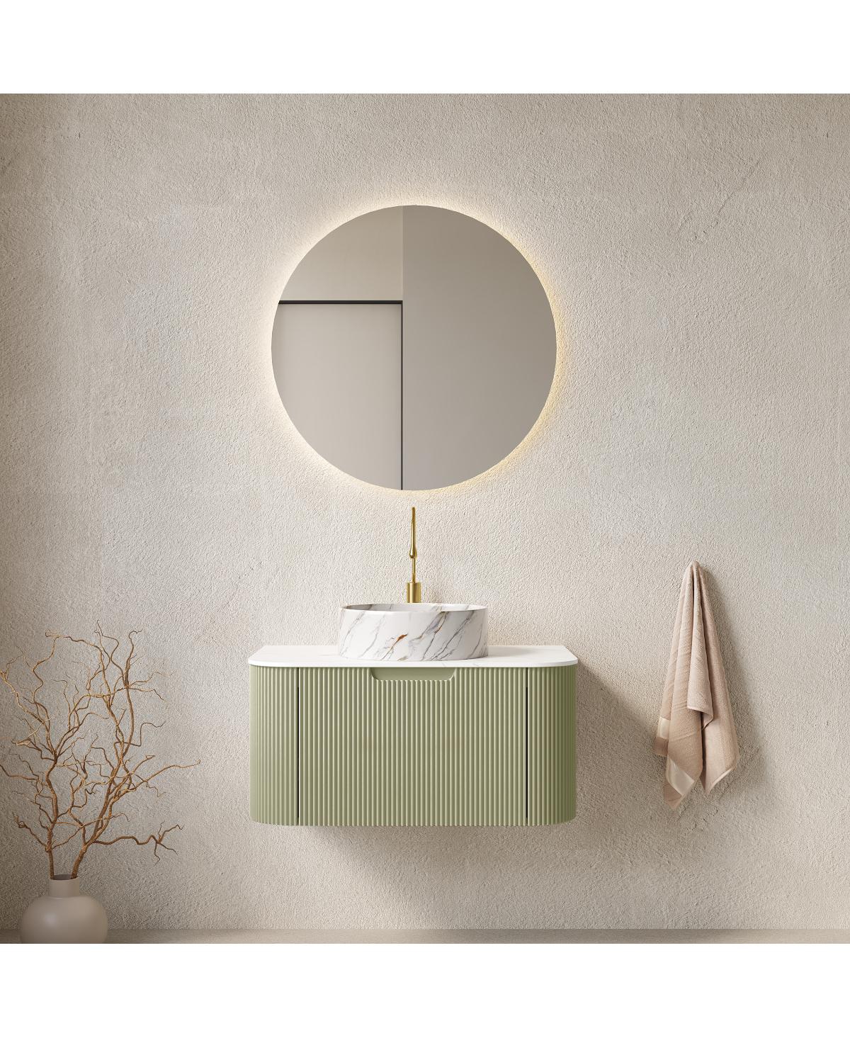 Sillysis Wall Mounted Bathroom Vanity, Artificial Marble Top with Round Ceramic Basin, 3D Striped Plywood Cabinet