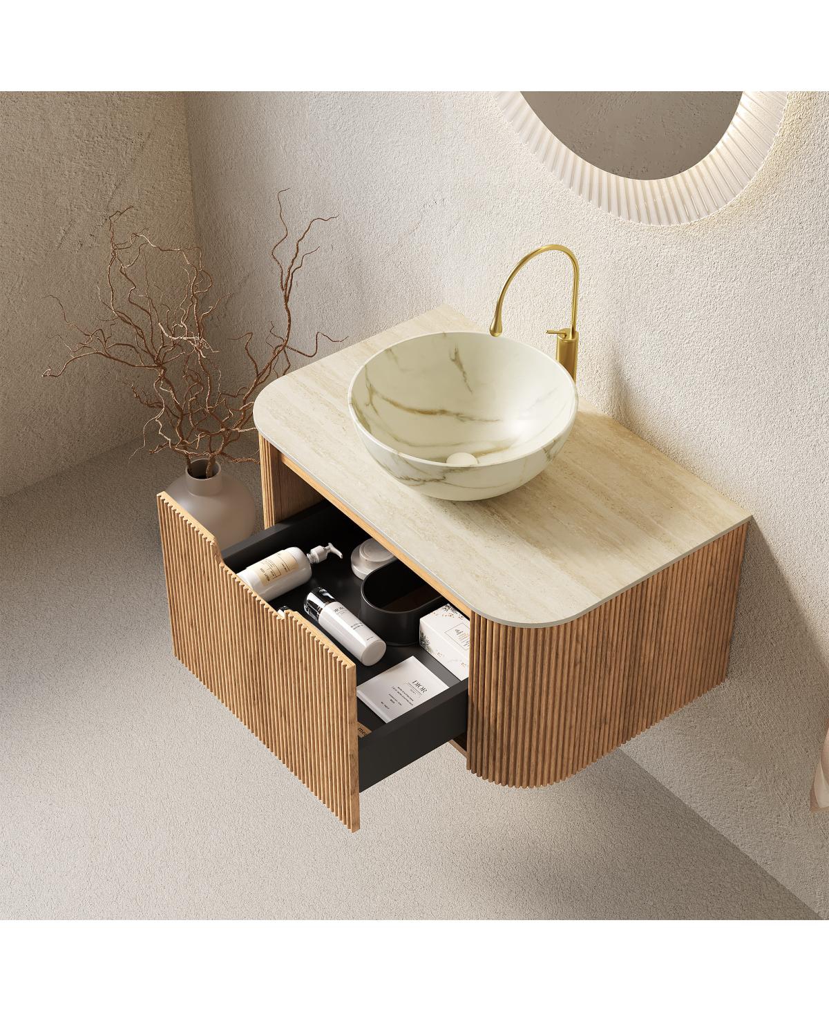 Sillysis Wall Mounted Bathroom Vanity with Sintered Stone Top, Ceramic Bowl Sink, Soft Close Drawer