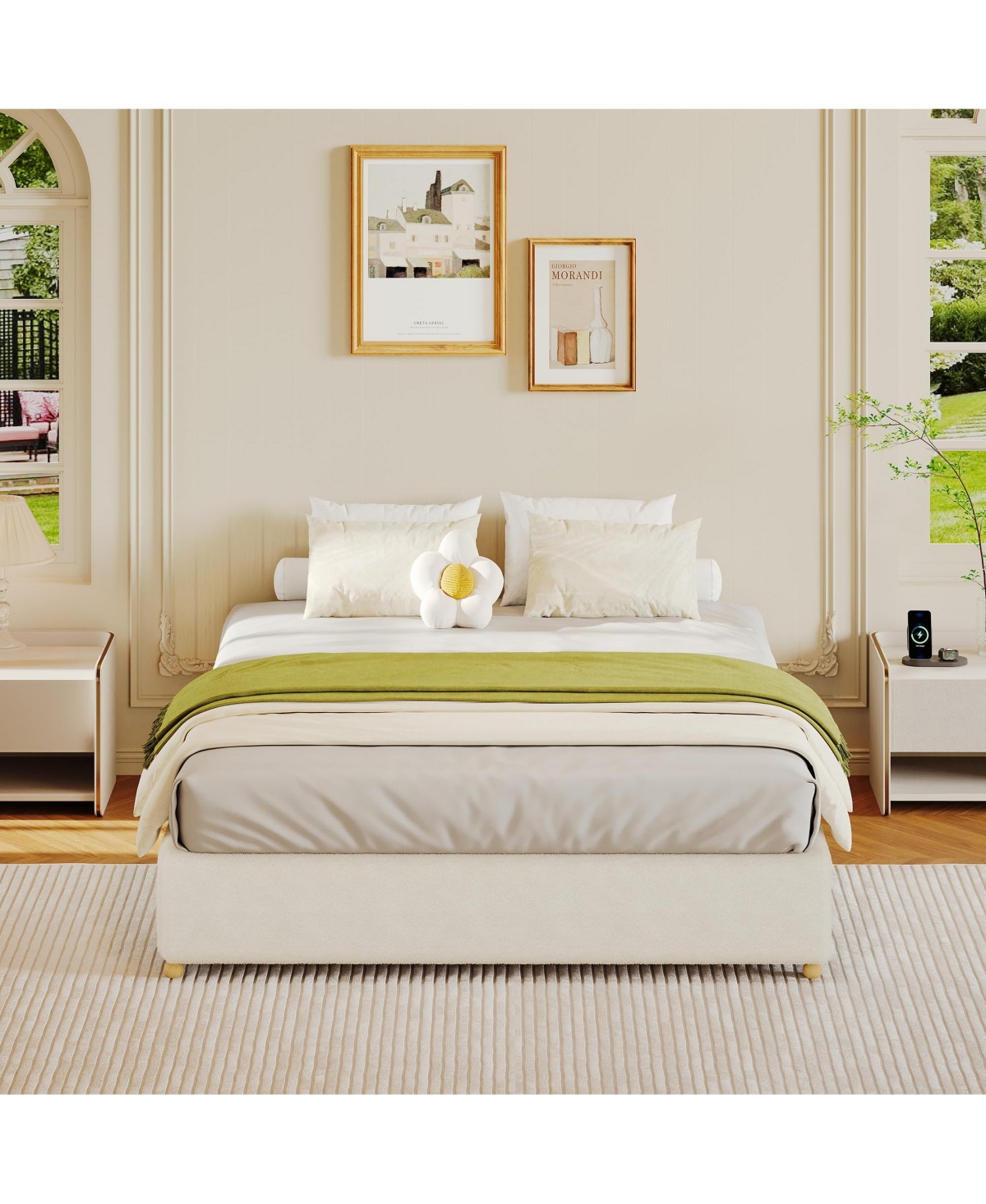 homfan Upholstered Low Platform Bed Frame with Round Wood Legs, No Headboard, Slat Support