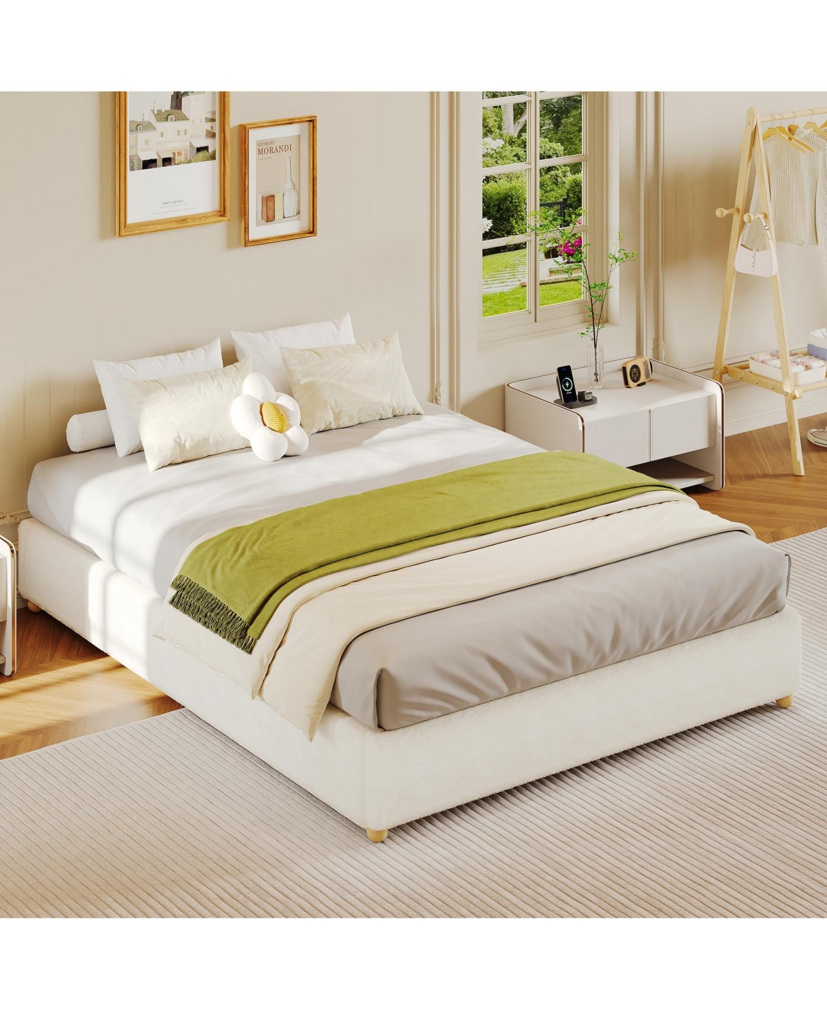homfan Upholstered Low Platform Bed Frame with Round Wood Legs, No Headboard, Slat Support