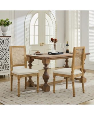 French Decor Chairs Set of 2, Louis Dining Chairs with Square Rattan Backrest and Exquisitely Carved Solid Wood Frame for Living Room