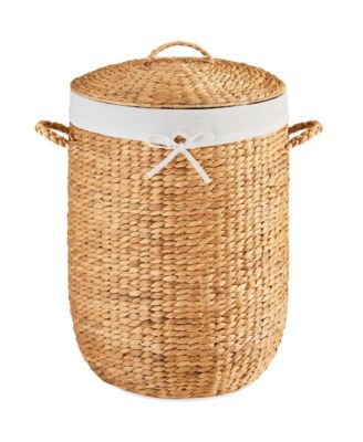 Round Laundry Hamper w/ Lid, Handwoven Laundry Basket w/ Handles and Removable Liner
