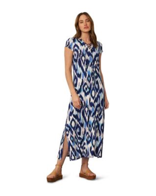 Women's Lace Up V Neck Printed Maxi Dress