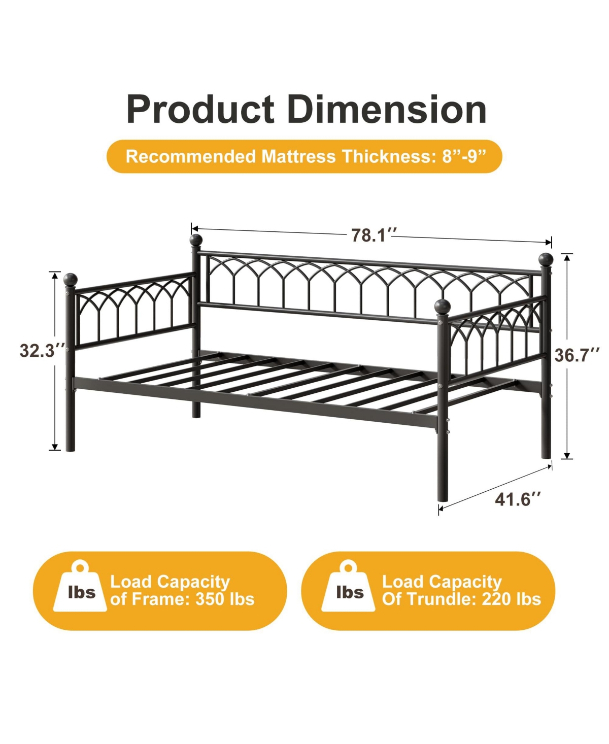 homfan Twin Metal Daybed with Led Lights and Charging Station