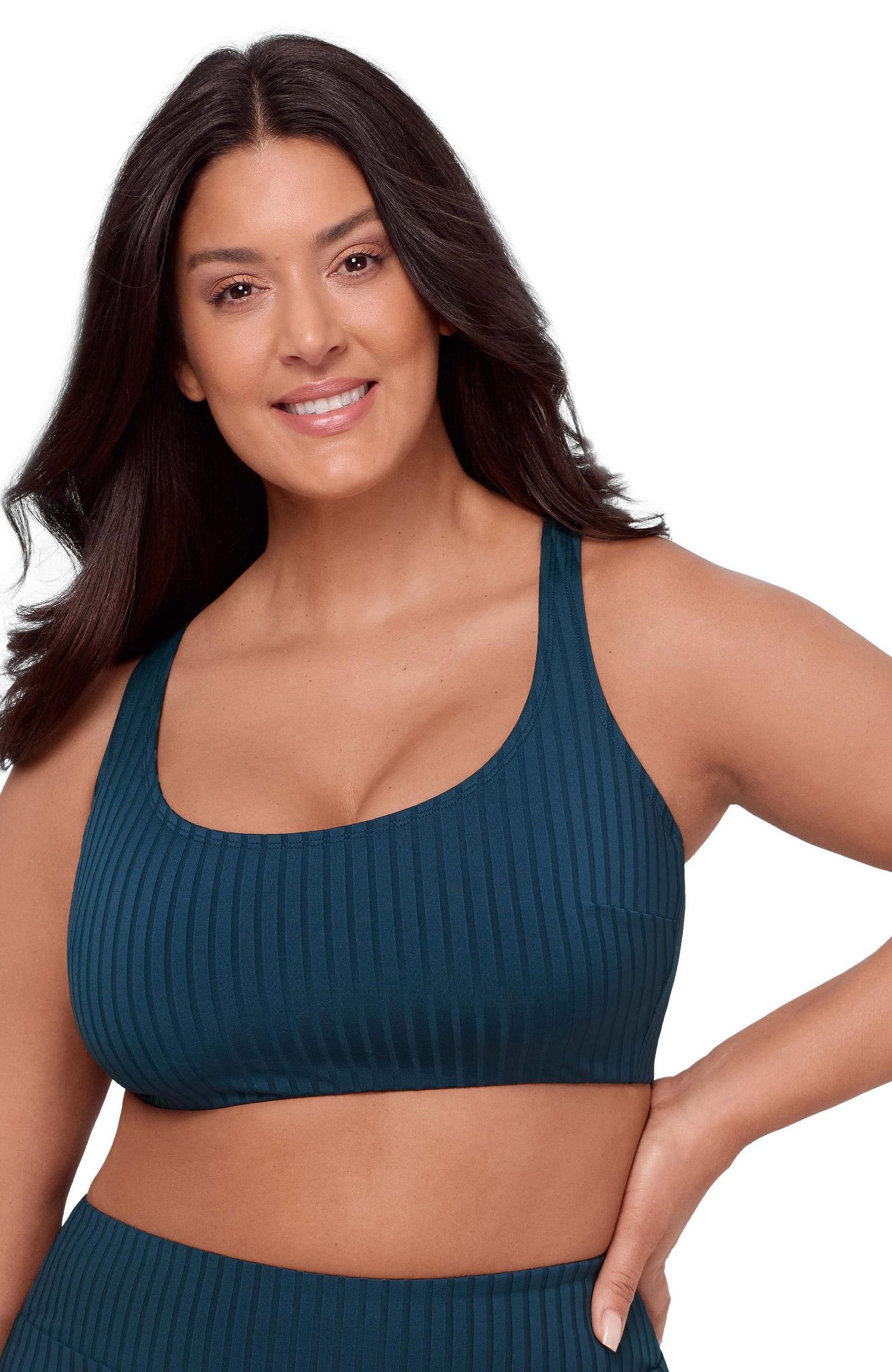 Women's Supportive and Sculpting Ribbed Scoop-Neck Crossback Bralette Swimsuit Top