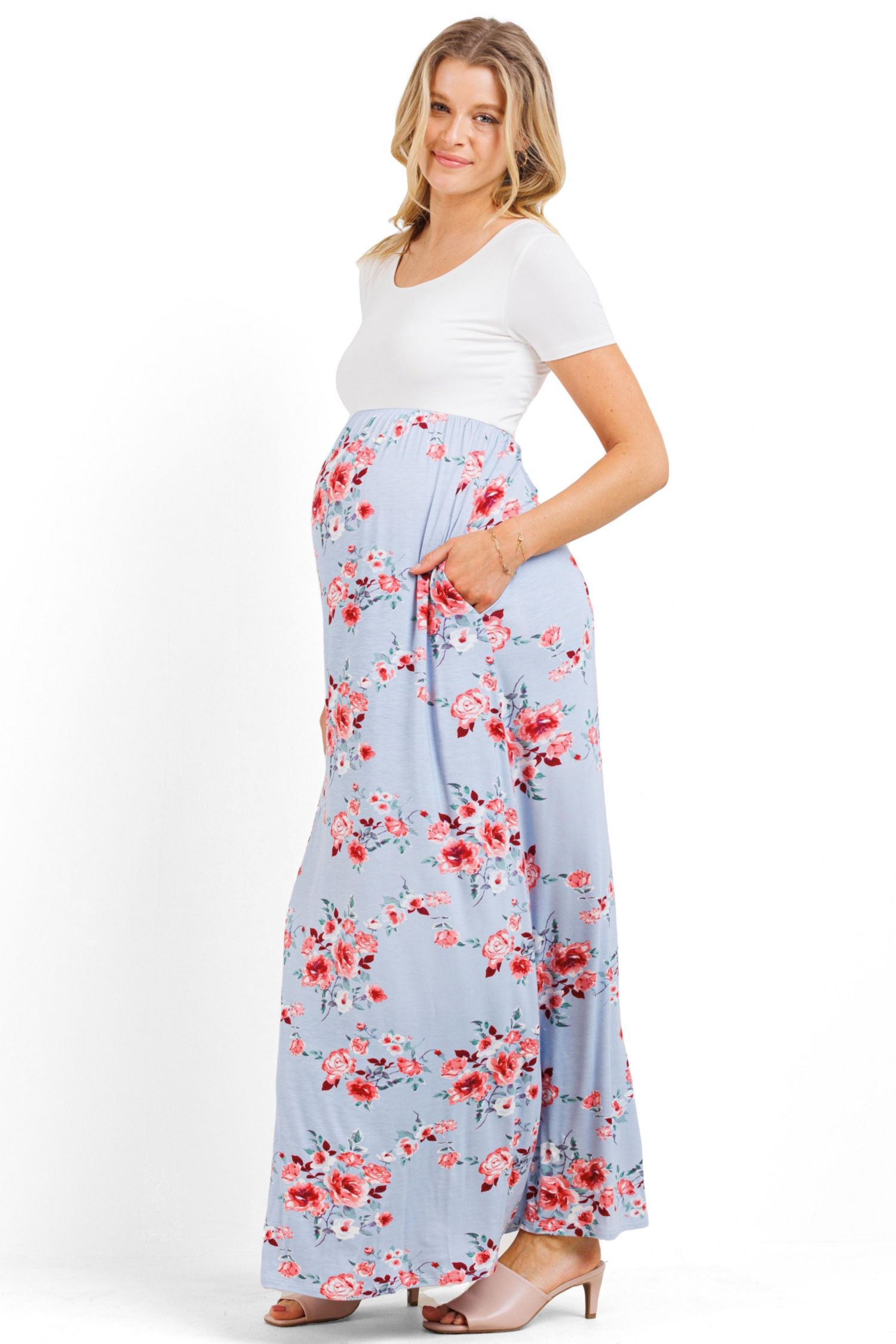 Women's Floral Empire Waist Maxi Dress with Pockets