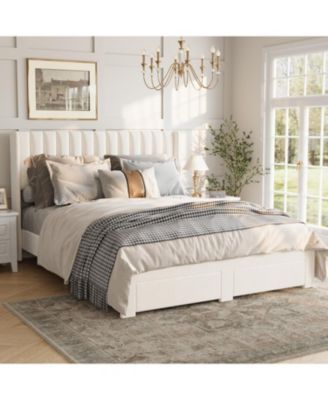 Full Size Bed Frame, Bed Frame Upholstered Platform Bed with Velvet Headboard, Wing Edge Design, 2 Storage Drawers, No Box Spring Needed