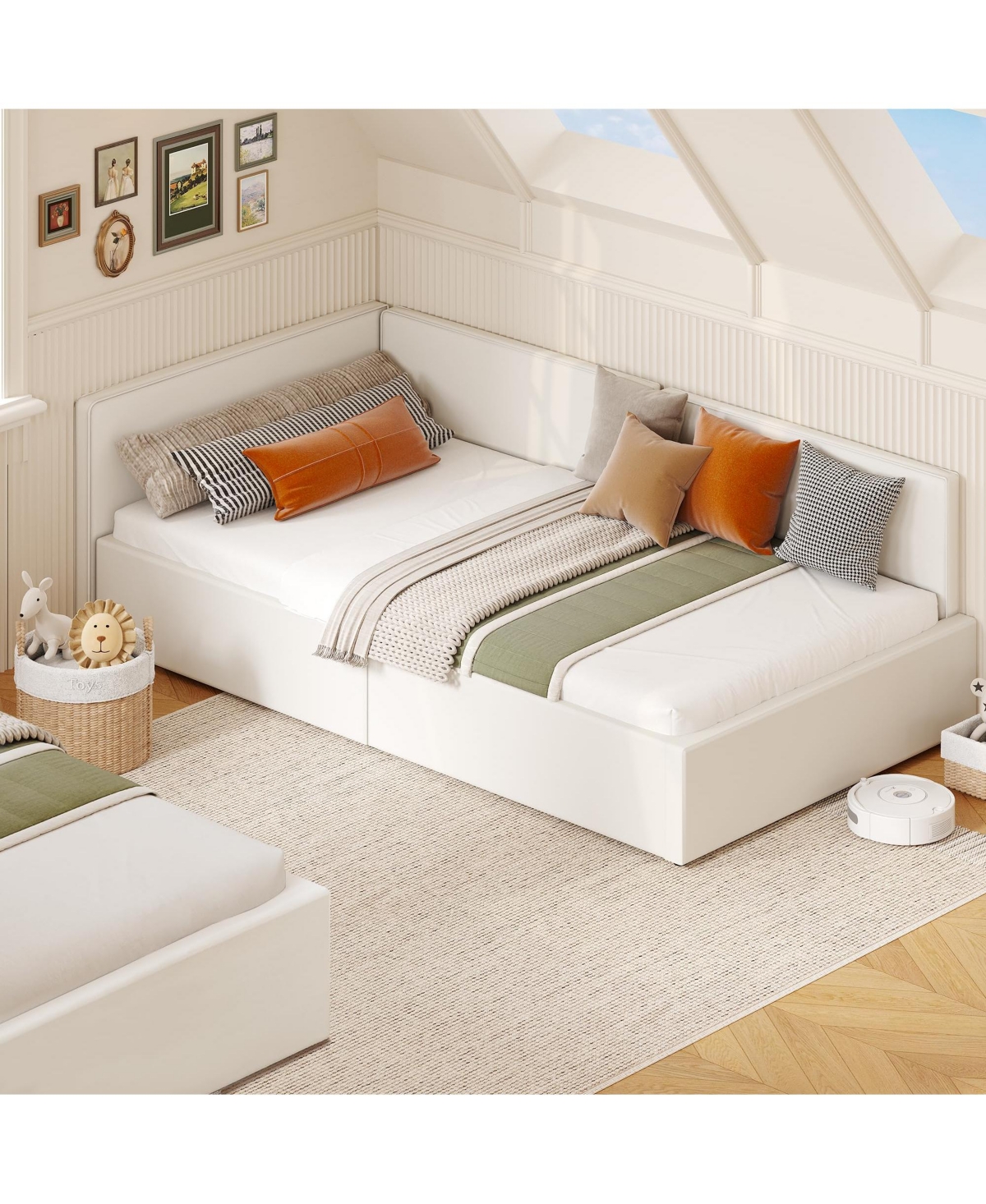 homfan Upholstered Corner Bed Frame with Headboard and Guardrails, Adjustable Velvet Daybed for Bedroom or Guest Room