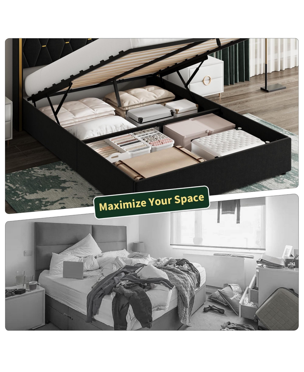 homfan Velvet Lift-Up Storage Bed Frame with Wingback Headboard and Gold Trim, Diamond Tufted Platform Bed