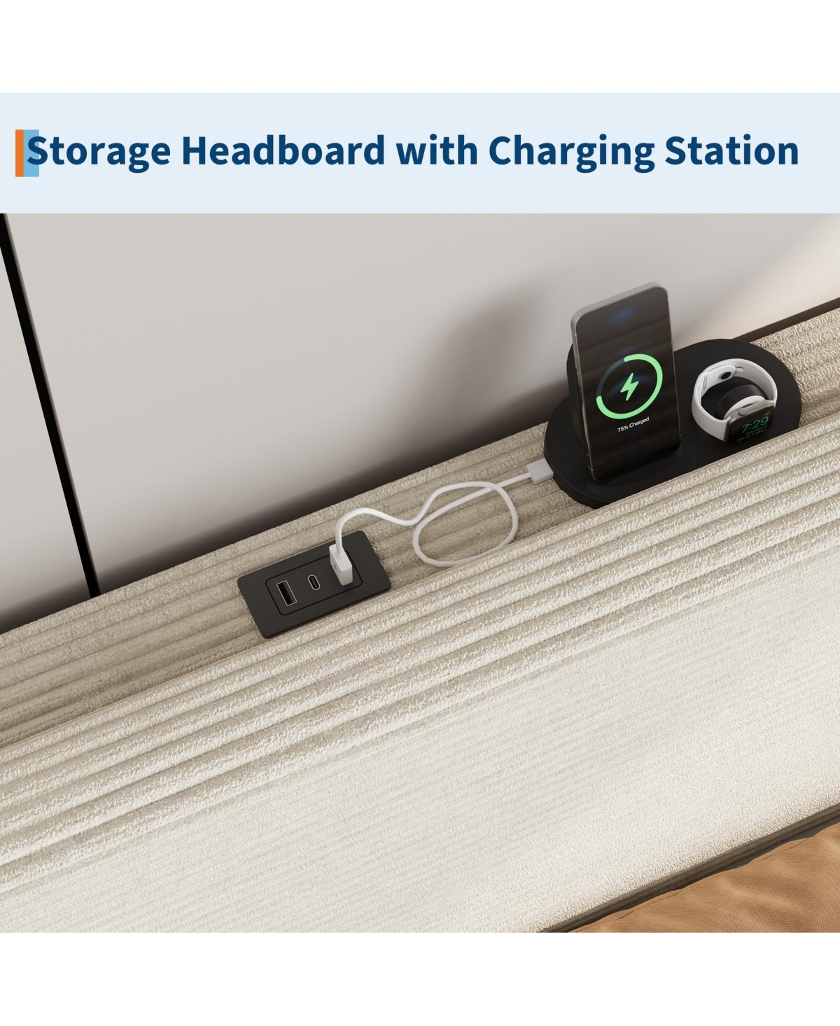 homfan Corduroy Upholstered Platform Bed Frame with Usb Charging Station, Adjustable Storage Headboard