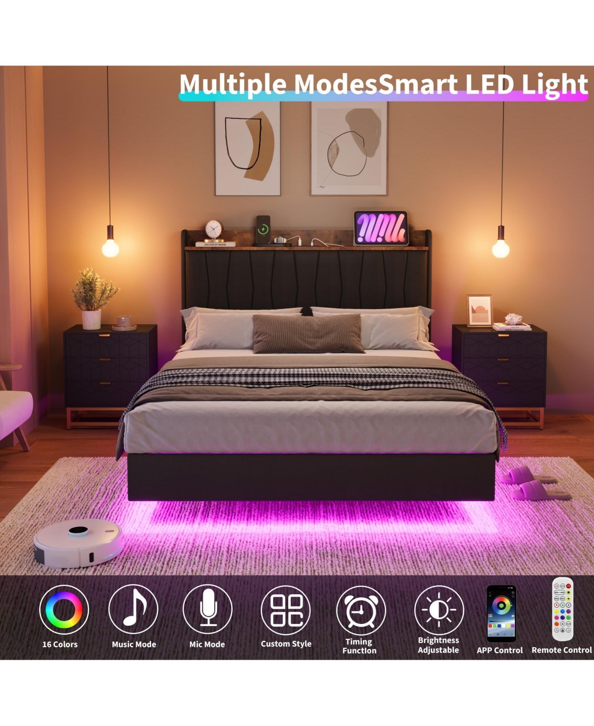 homfan Floating Platform Bed Frame with Led Lights, Charging Station and Storage Headboard, Upholstered Bed