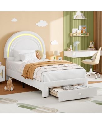 Upholstered Kids Bed Frame with LED Rainbow Headboard and Storage Drawer, Wood Slats, No Box Spring Needed