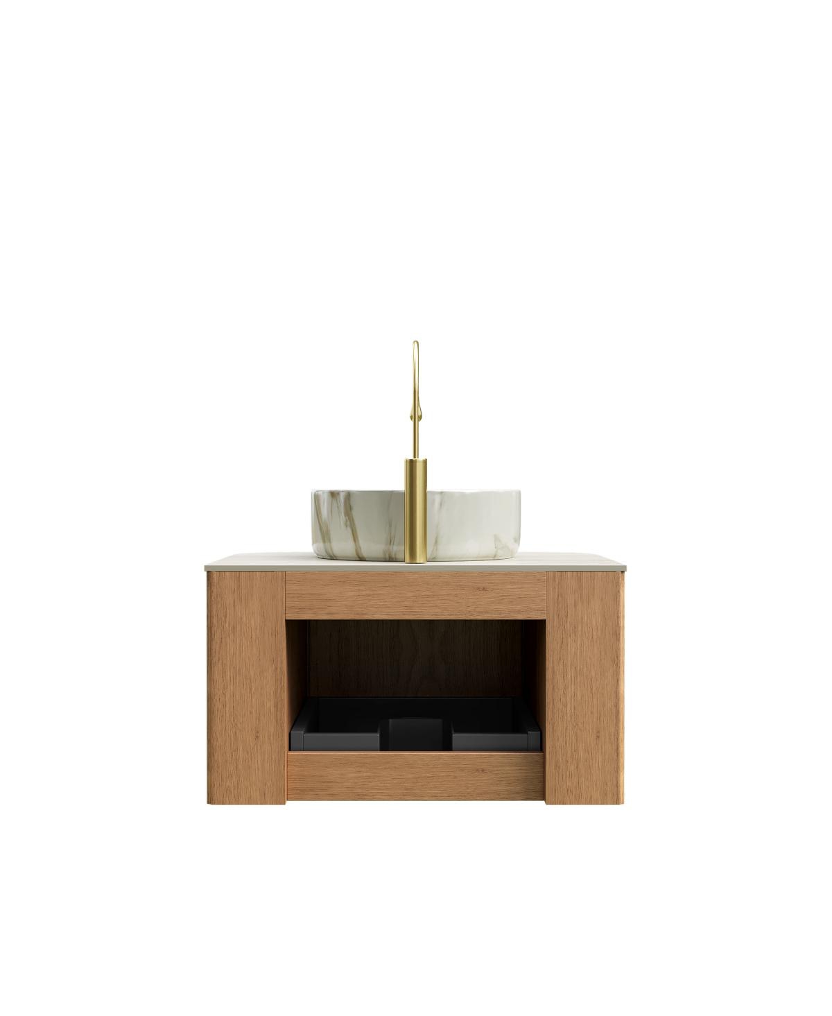Sillysis Wall Mounted Bathroom Vanity with Sintered Stone Top, Round Ceramic Sink, Wood Grain Drawer