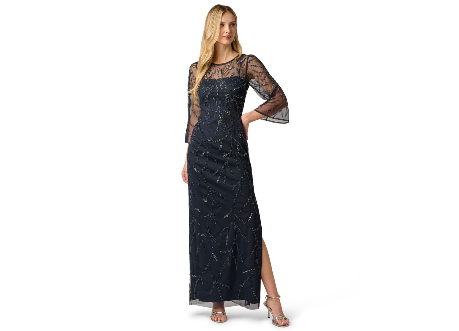 Women's Bead Mesh Illusion Boat Neck Gown