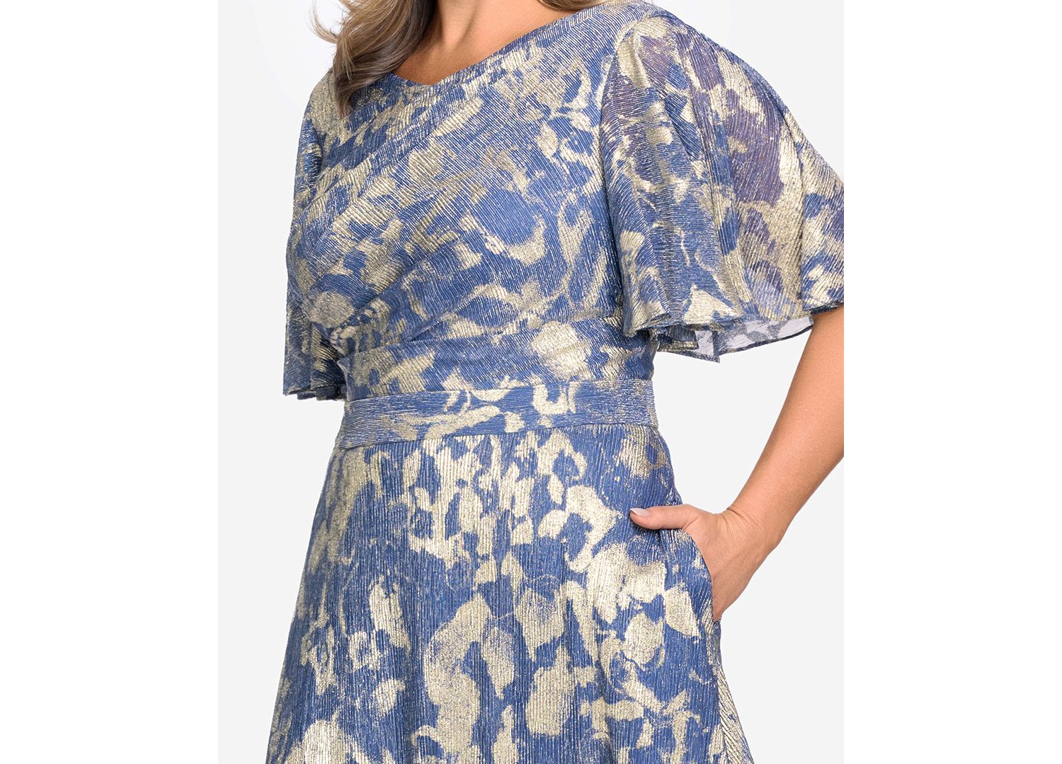Plus Size V-Neck Foil Printed Gown
