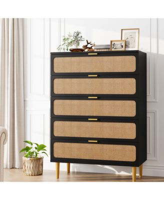Tall Boho 5-Drawer Rattan Dresser, Wooden Storage Cabinet with Deep Drawers for Multi-Space Use