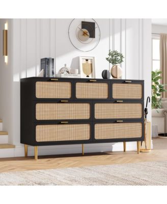 Rattan 5-Drawer Tall Dresser, Wooden Chest with Deep Drawers and Wide Top for Bedroom, Living Room and Hallway