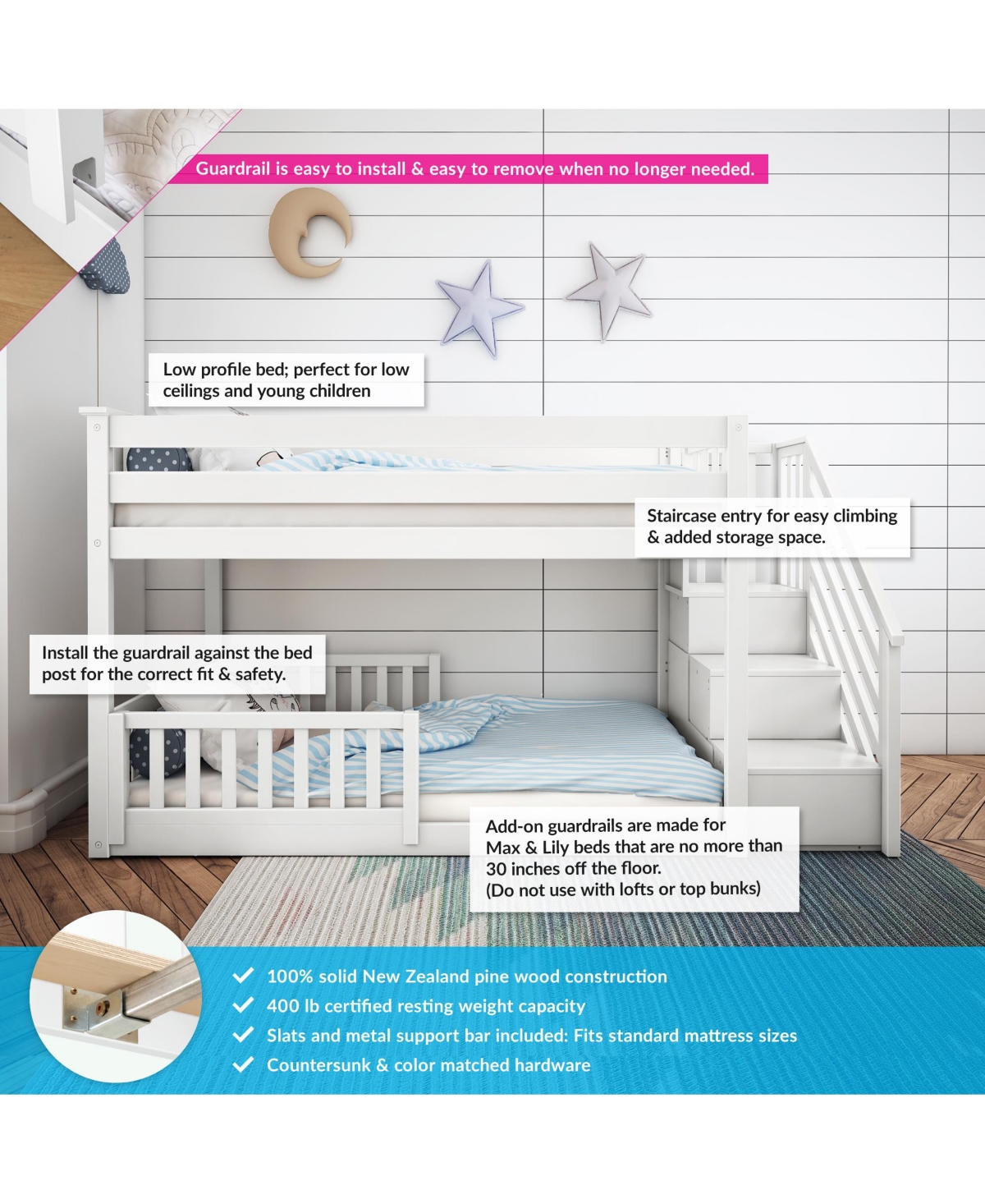 Max Lily Low Twin over Bunk with Stairs Single Guard Rail