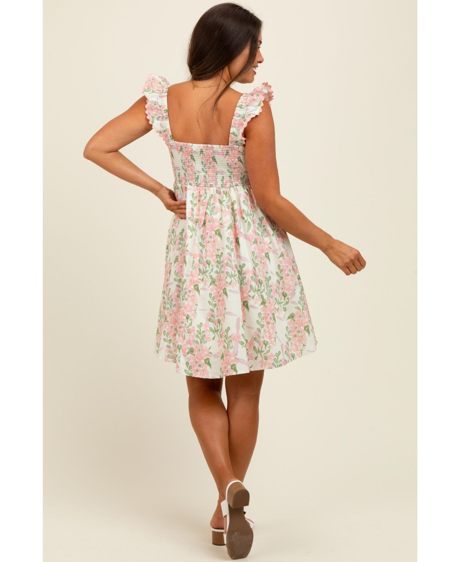 Women's Pink Floral Print Smocked Back Dress