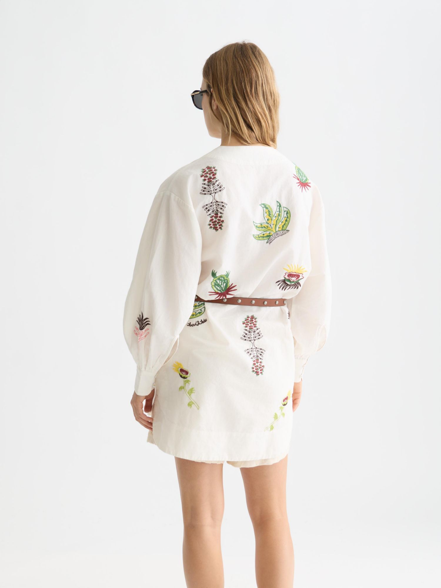 Women's Embroidered Long Sleeve Cotton and Linen Shift Dress