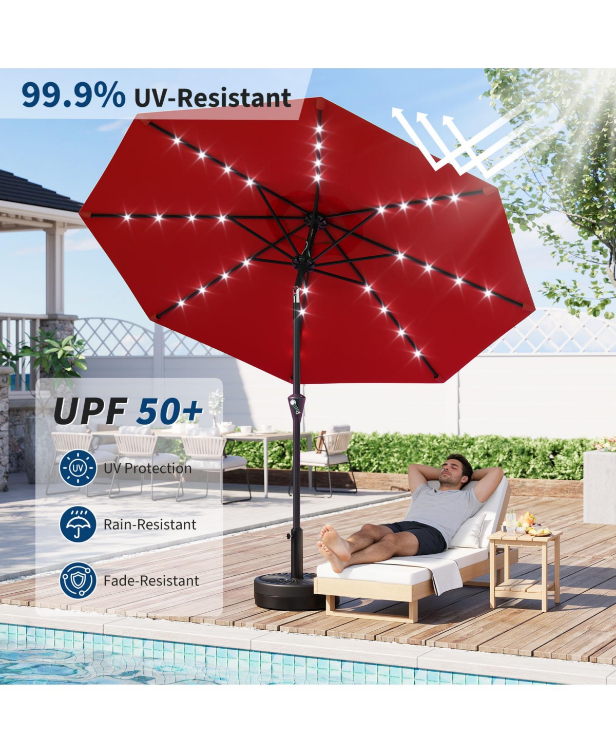 Gaomon 9FT Solar Patio Umbrella with 32 Led Lights, Outdoor Table w/Crank Lift, Push Button Tilt and 8 Sturdy Ribs