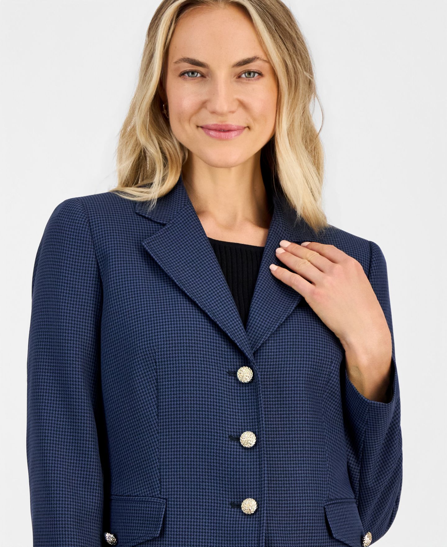 Женский пиджак Kasper Petite Mini-Check-Print Long-Sleeve Blazer, цвет: Синий ночной / Чёрный — фото 7