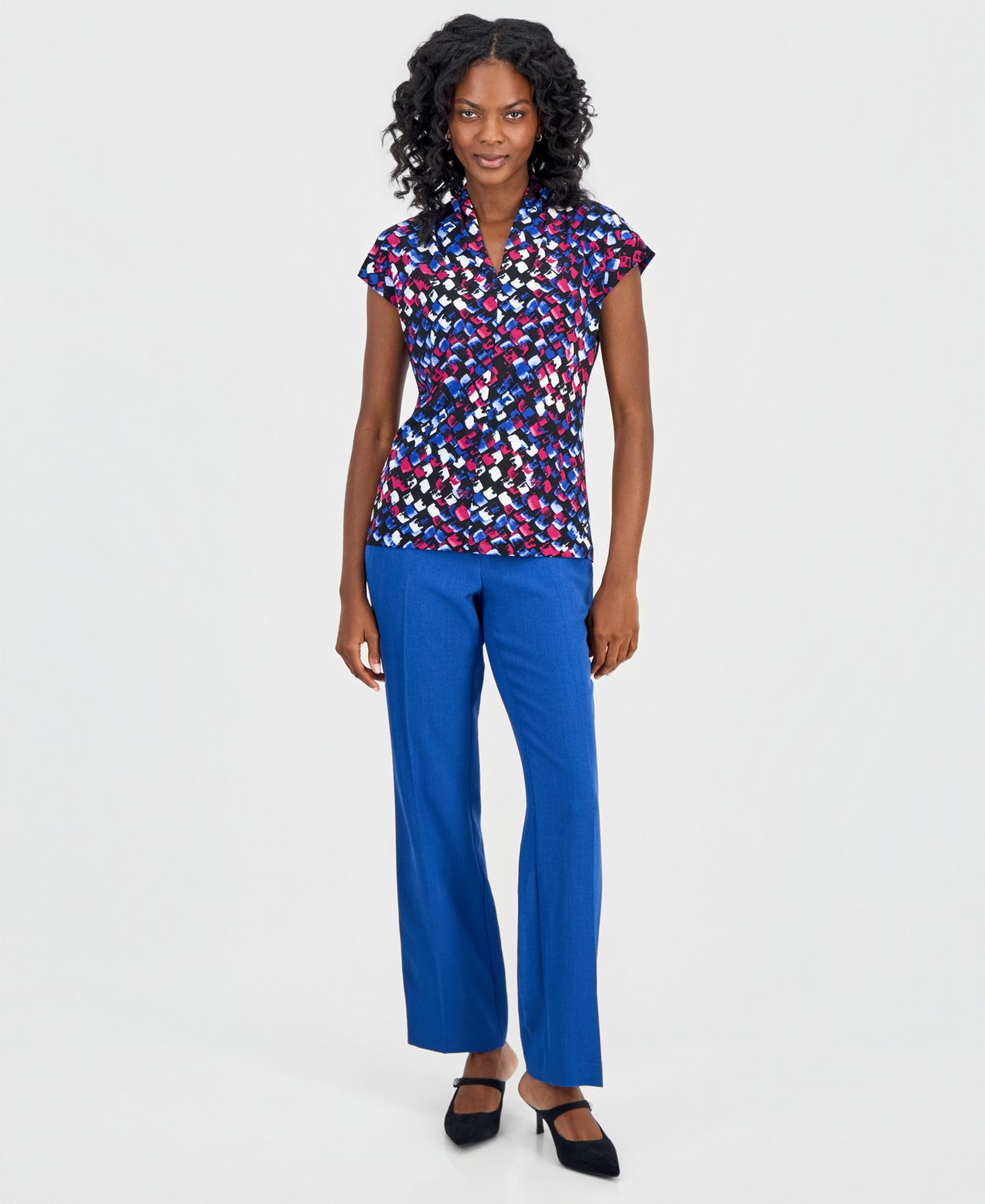 Женский топ Kasper Printed Funnel-Neck Short-Sleeve Top, цвет: Чёрный разноцветный — фото 2