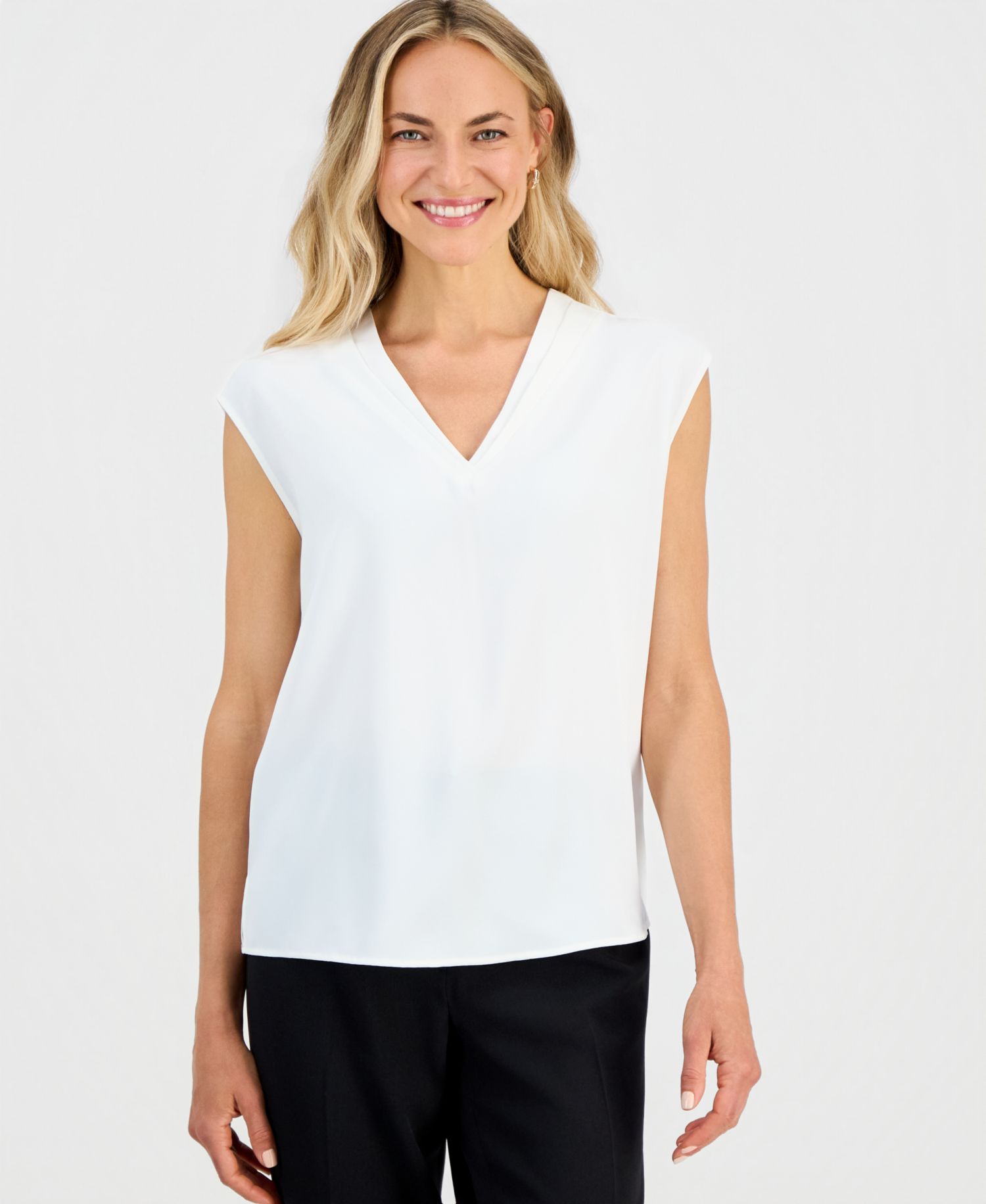 Petite Pleat-Neck Sleeveless Blouse