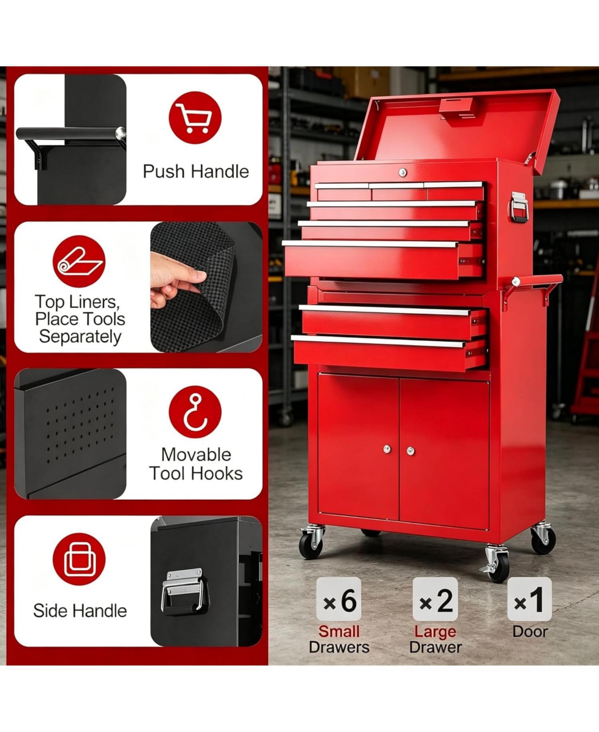 gaomon 2-in-1 8-Drawer Rolling Tool Chest and Cabinet, Mobile Metal Toolbox Organizer Storage for Garage