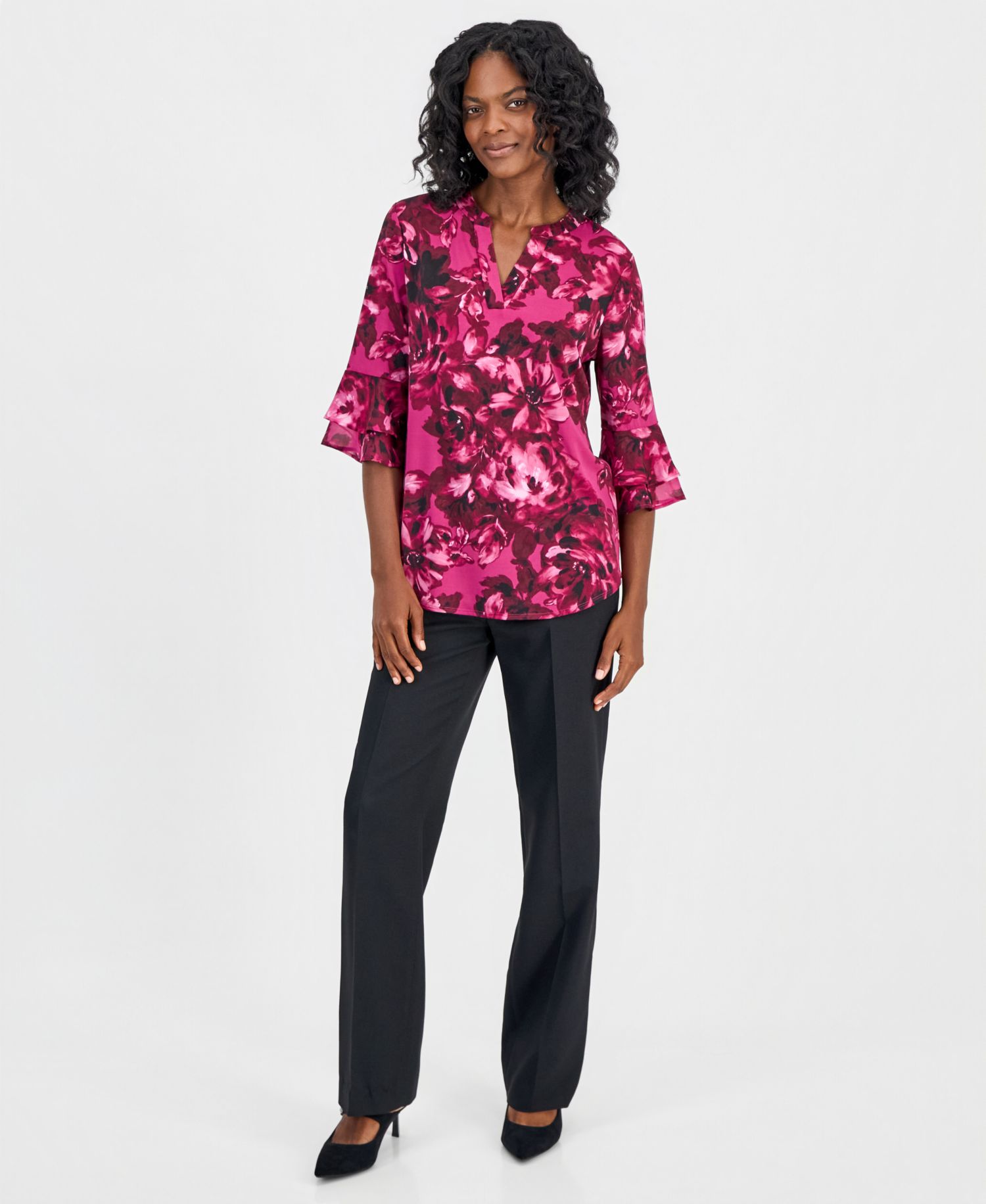 Women's Mixed-Media Tiered-Flutter-Sleeve Top