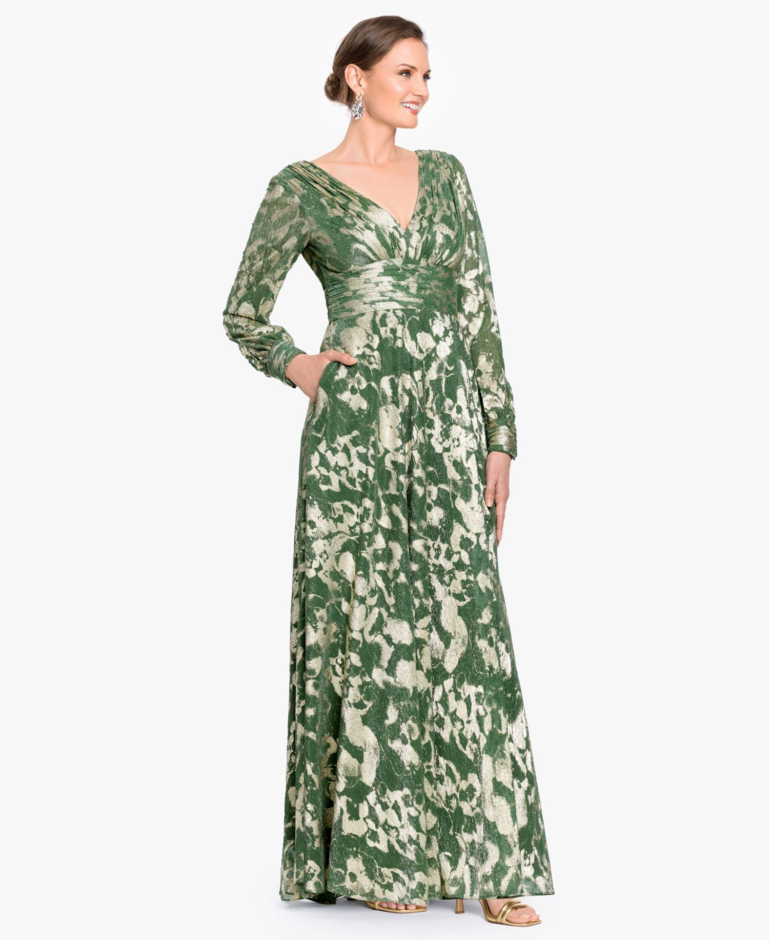 Women's Long-Sleeve V-Neck Metallic Floral Gown