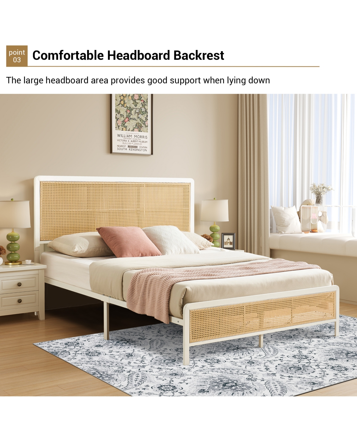 homfan Full Size Rattan Platform Bed Frame with Led Headboard, Modern Boho Cane Style, Heavy Duty Metal Frame, Steel Slats, No Box Spring Needed