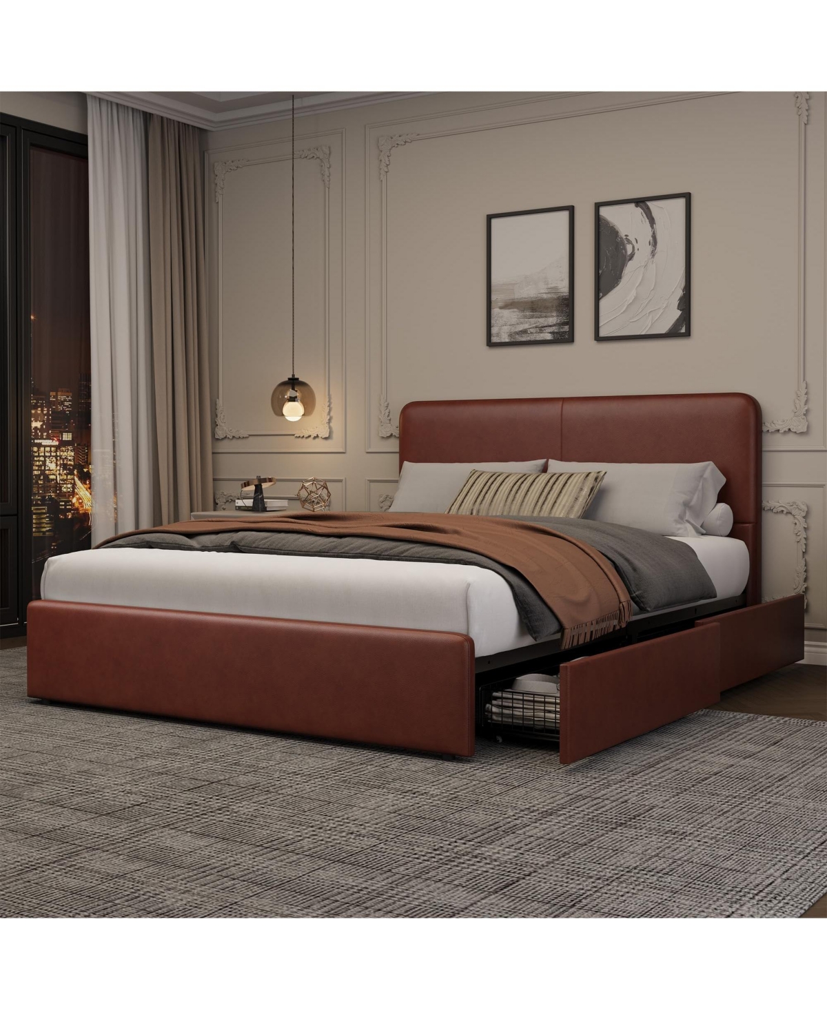 homfan Upholstered Platform Bed Frame with Headboard and 2 Storage Drawers, Wood Slat Support