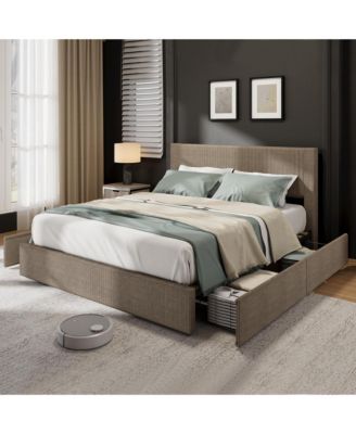 Upholstered Platform Bed Frame with 4 Storage Drawers, Corduroy Channel Tufted Wingback Headboard, Wood Slat Support