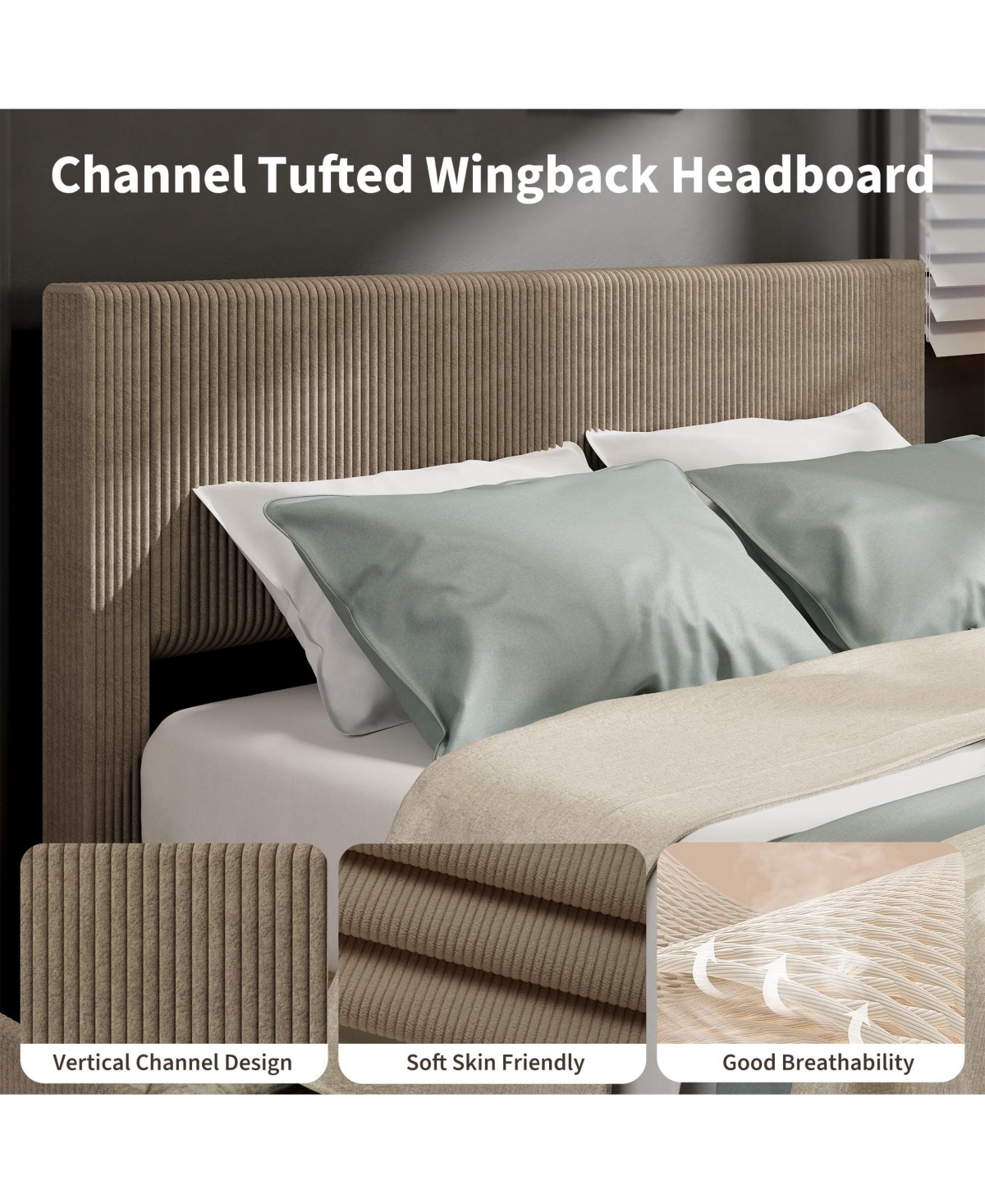 homfan Upholstered Platform Bed Frame with 4 Storage Drawers, Corduroy Channel Tufted Wingback Headboard