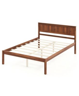 Queen Solid Wood Bed Frame with Retro Headboard and Slat Support