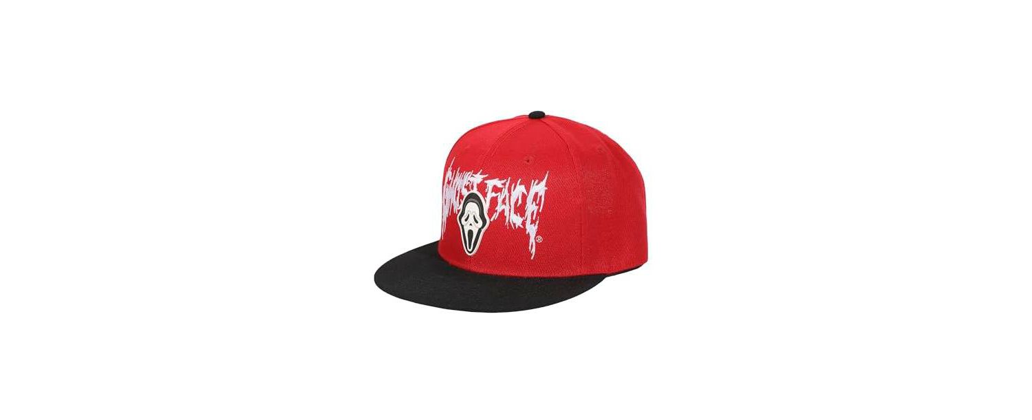 Men's Mask Rubber Badge Red Flat Bill Baseball Cap