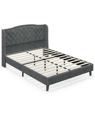 Full Upholstered Platform Bed Frame With Button Tufted Headboard Wooden Slats