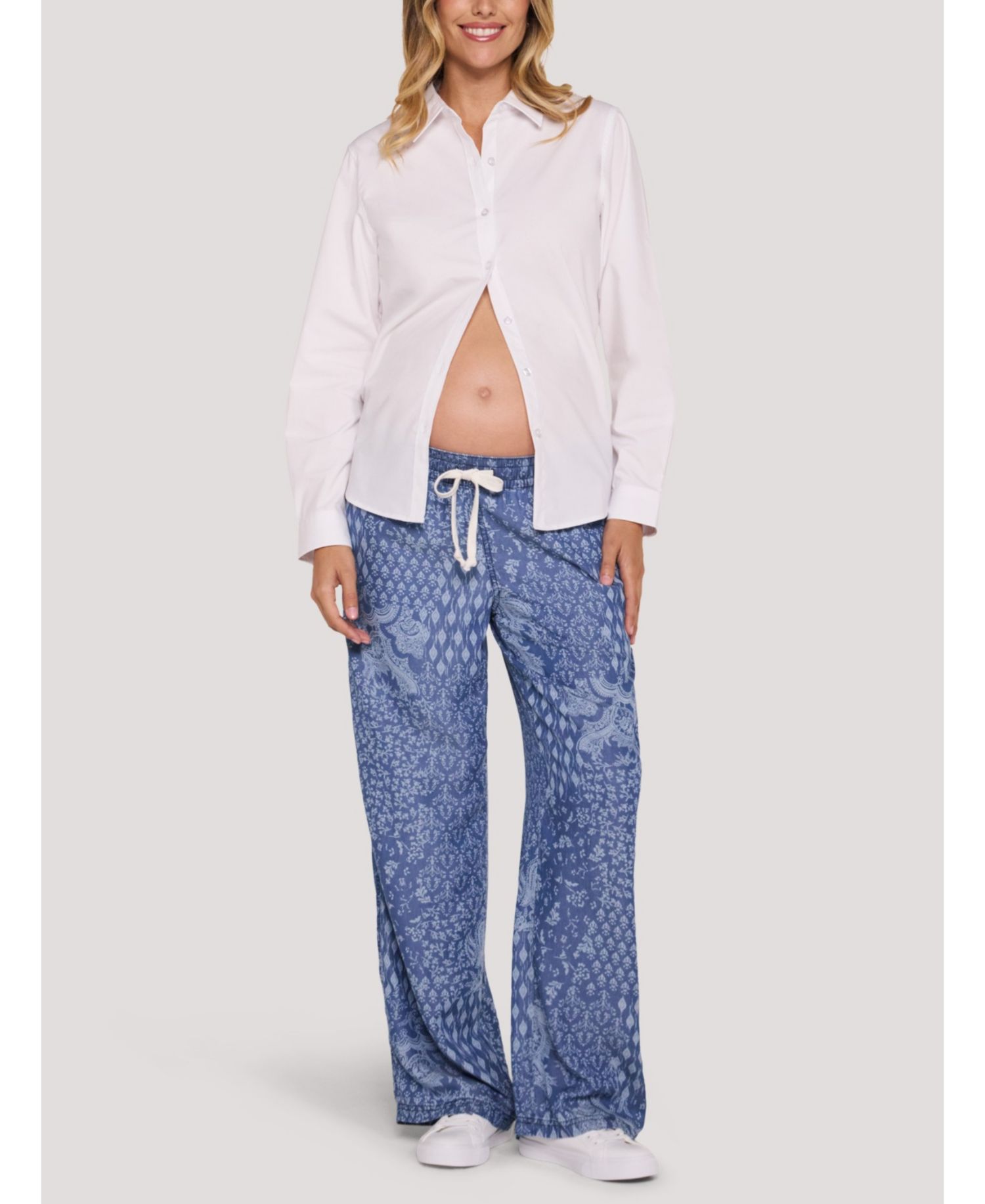 Women's Motherhood Under the Belly Tie Waist Denim Wide Leg Pant