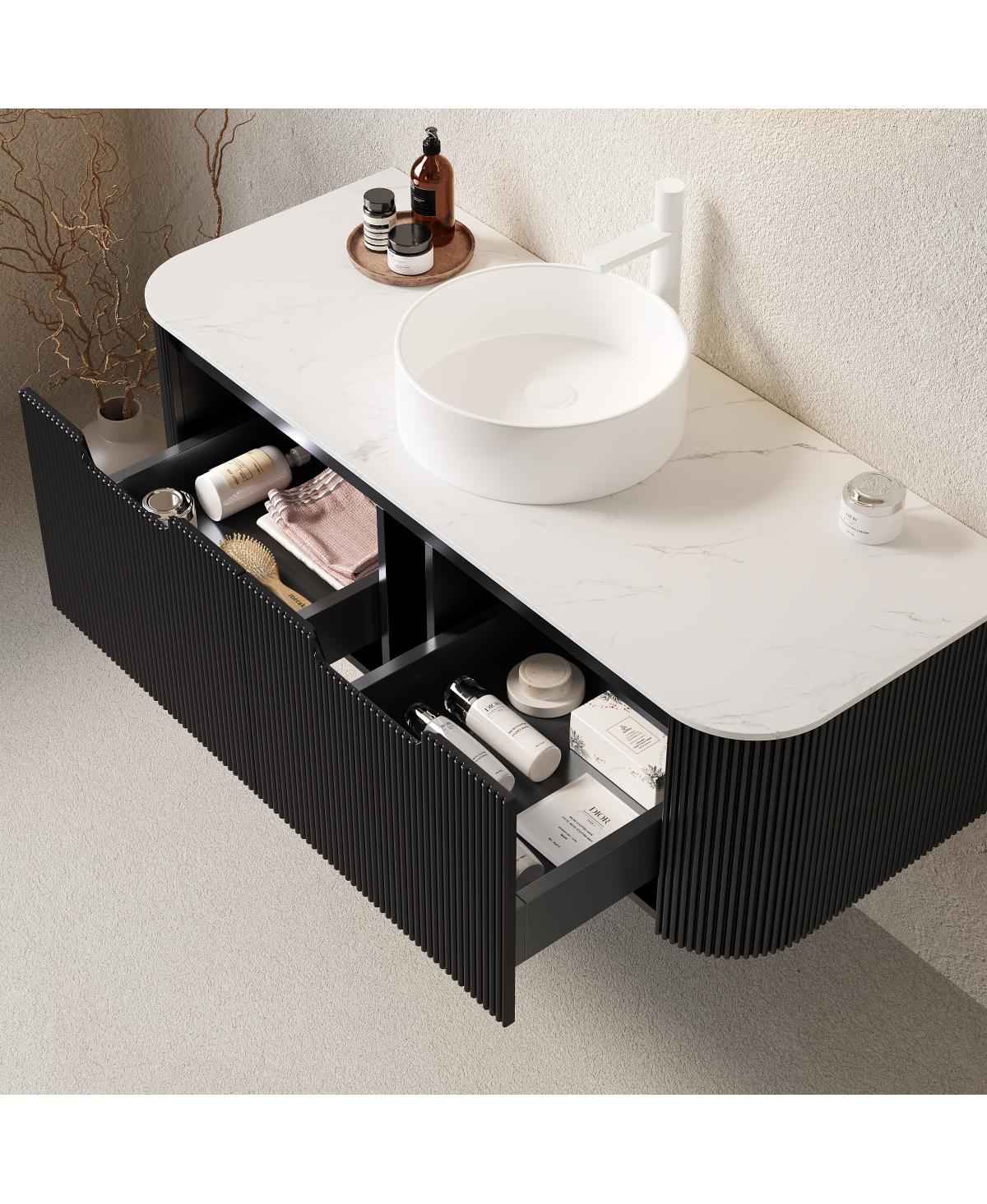Sillysis Wall Mounted Bathroom Vanity with Sintered Stone Top, Round Ceramic Sink, Black Striped Drawer, Pre-assembled