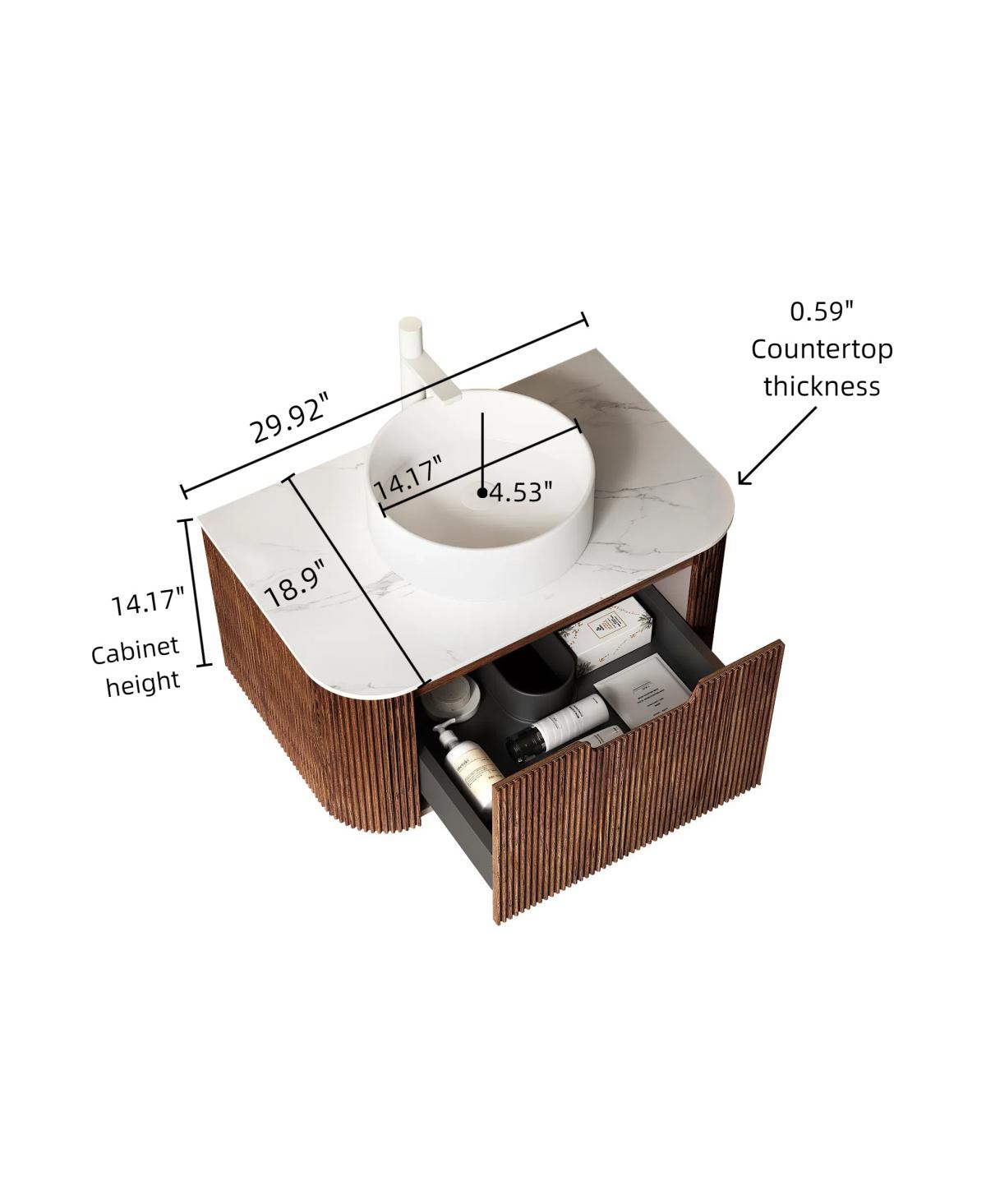 Sillysis Wall Mounted Bathroom Vanity with Artificial Marble Top, Round Ceramic Sink, Walnut Striped Drawer