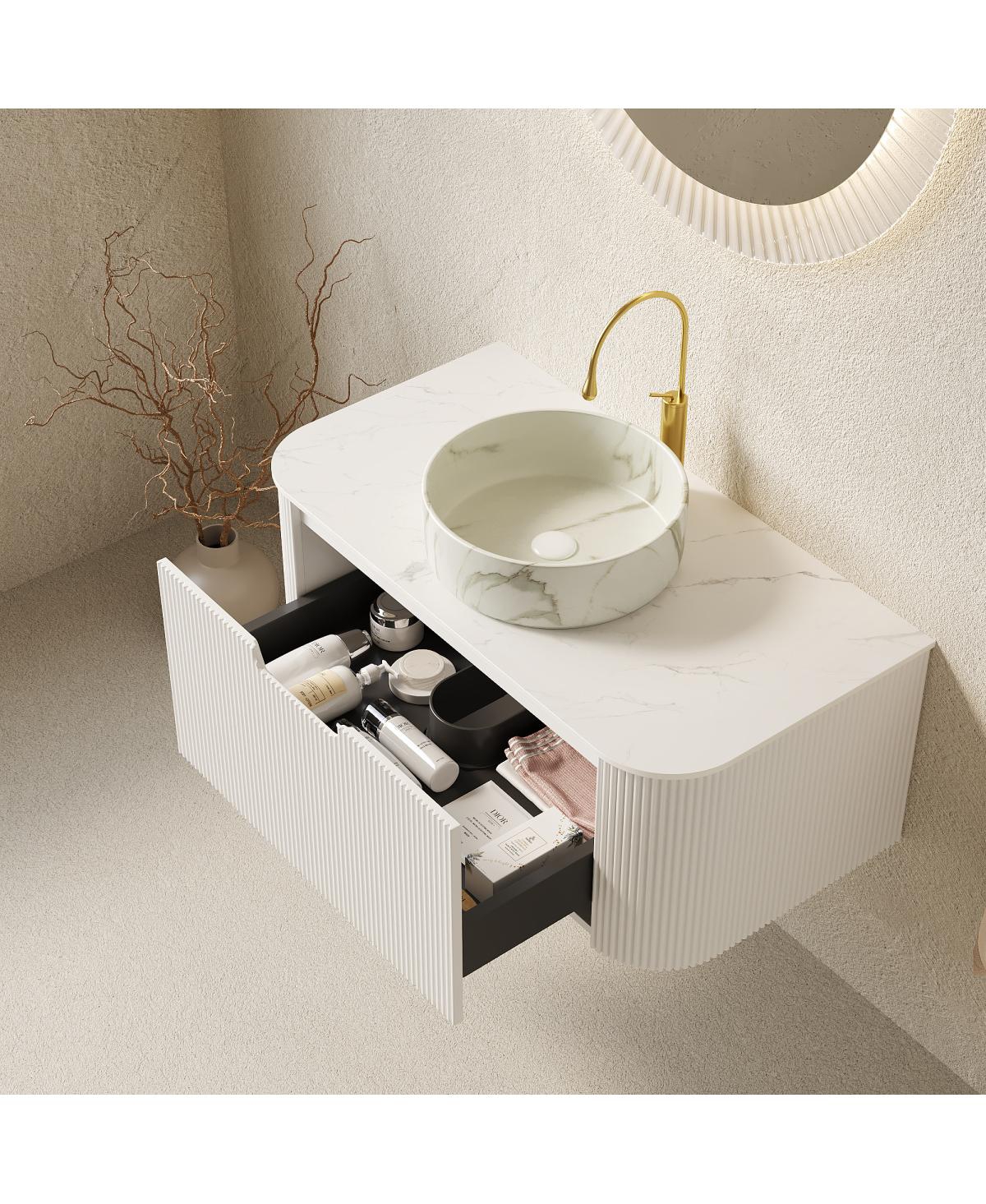 Sillysis Wall Mounted Bathroom Vanity with White Sintered Stone Top, Round Ceramic Bowl Sink