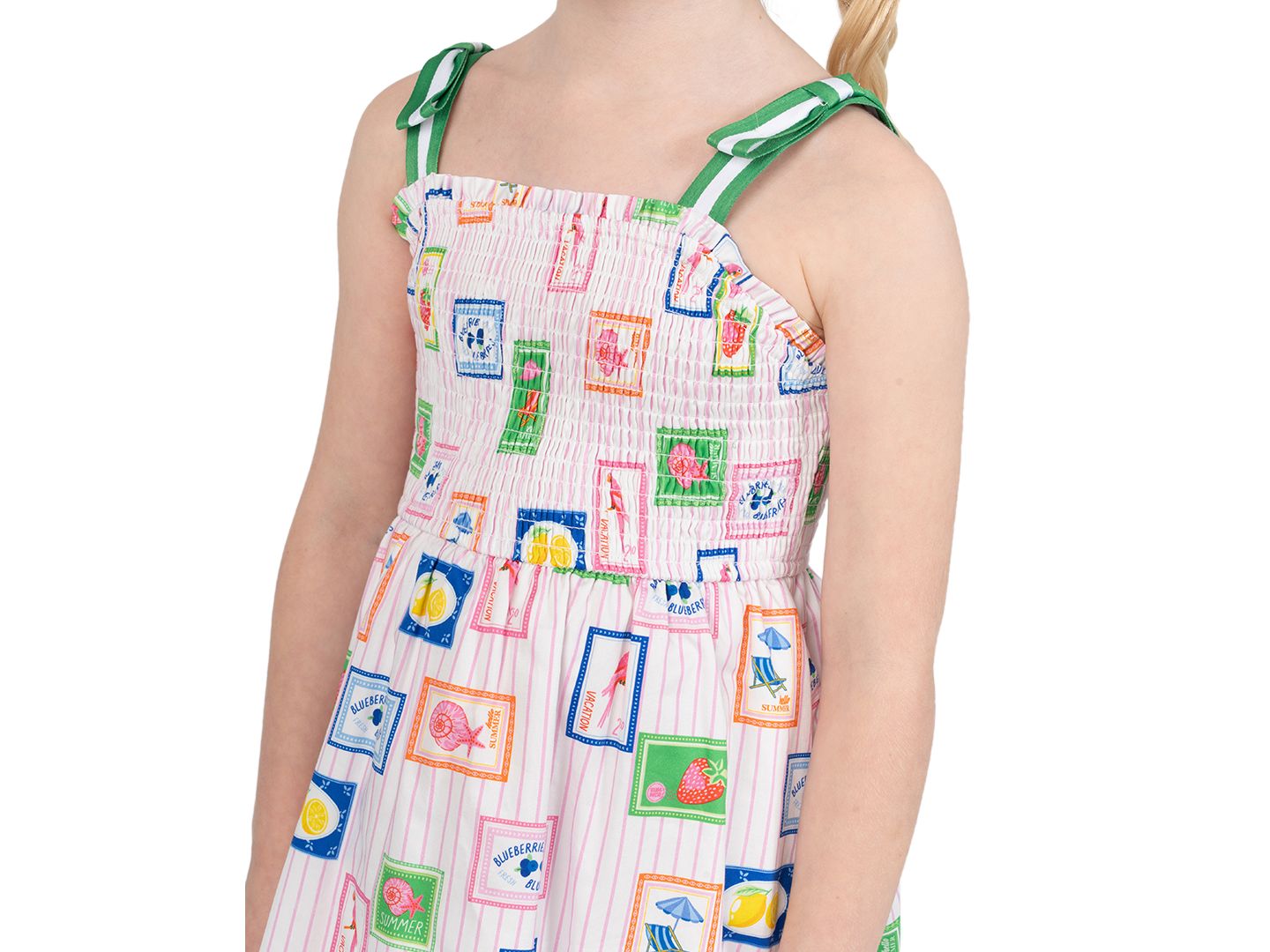 Платье Rare Editions Printed Smocked Bodice Tie Shoulder Midi для девочек, цвет: Розовый / Зелёный — фото 2