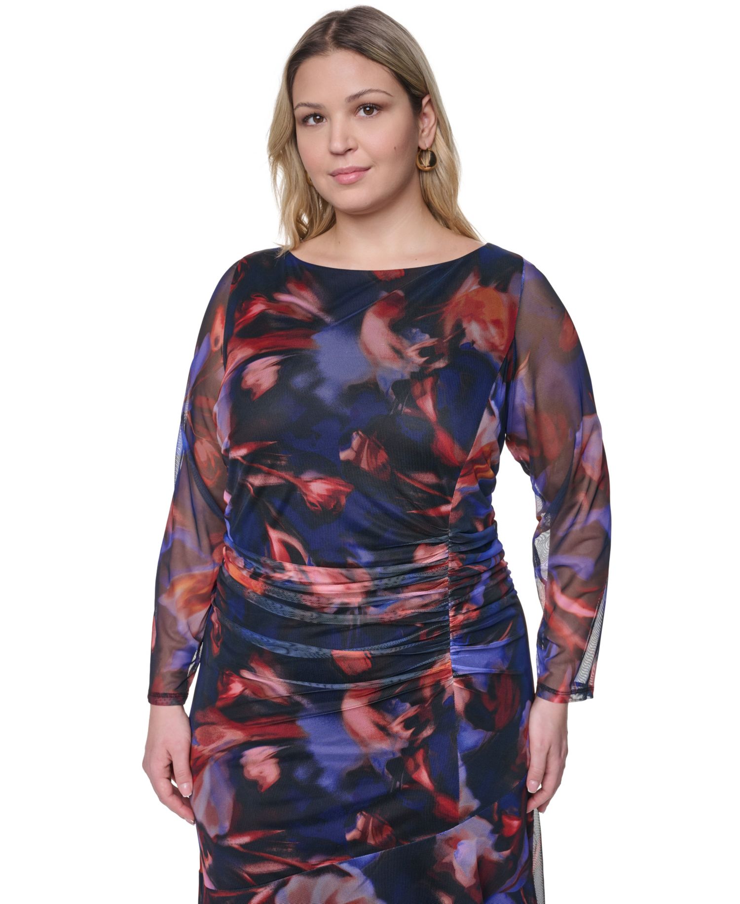 Plus Size Printed Side Ruched Mesh Midi Dress