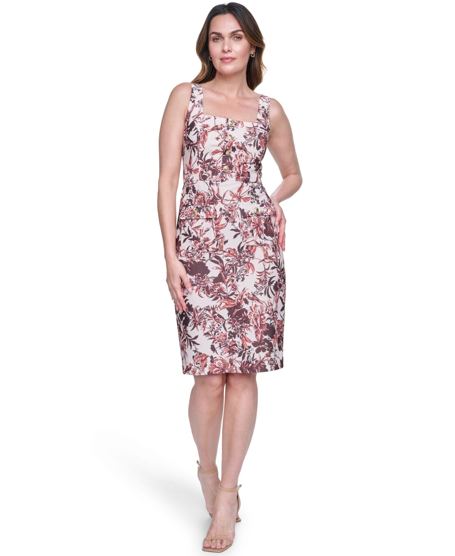 Women's Sleeveless Square Neck Button-Down Sheath Dress