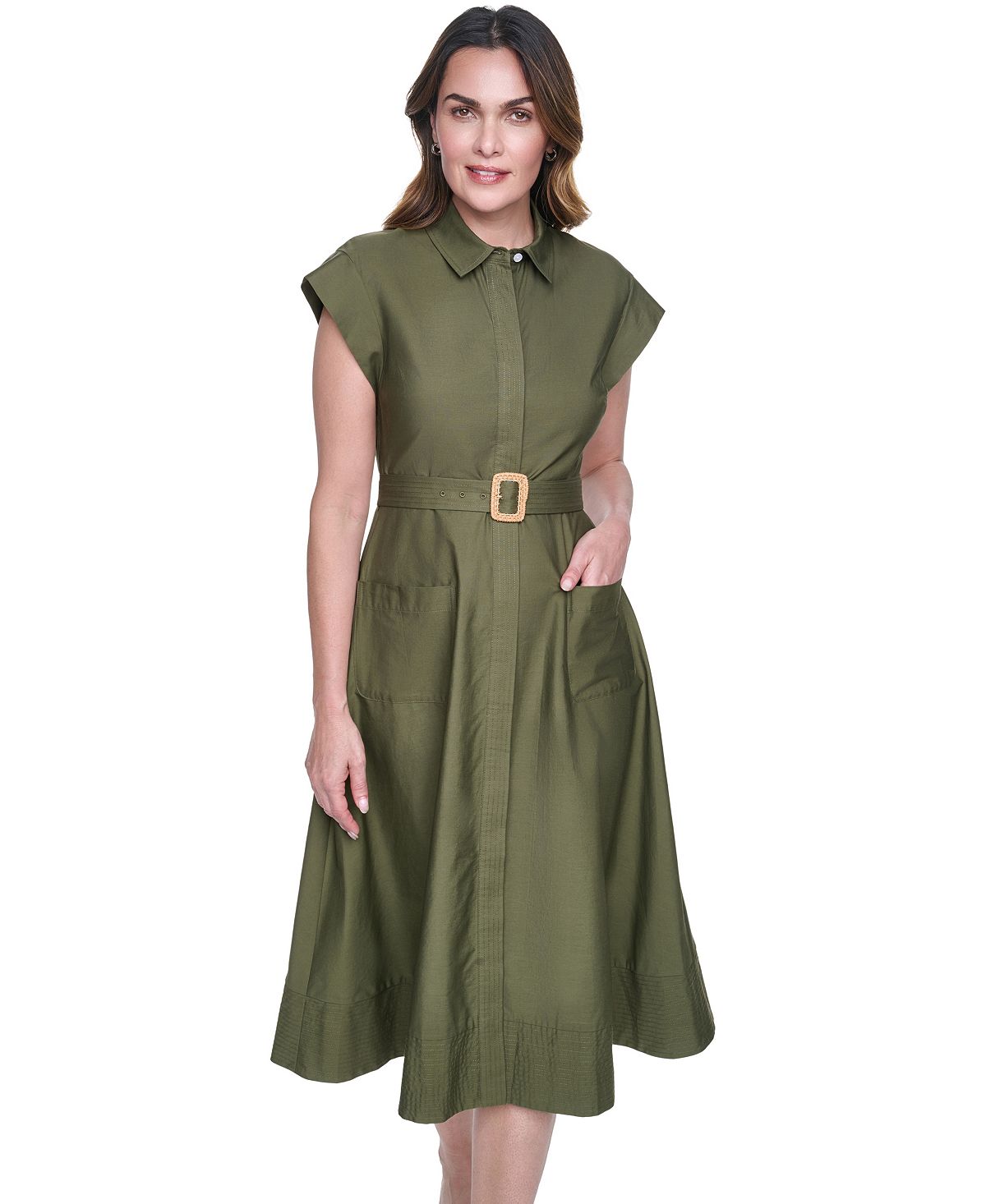 Eliza J Petite Trapunto Stitch Collared Button-Down Midi Shirt-Dress view 2 — MAYCSS fashion products